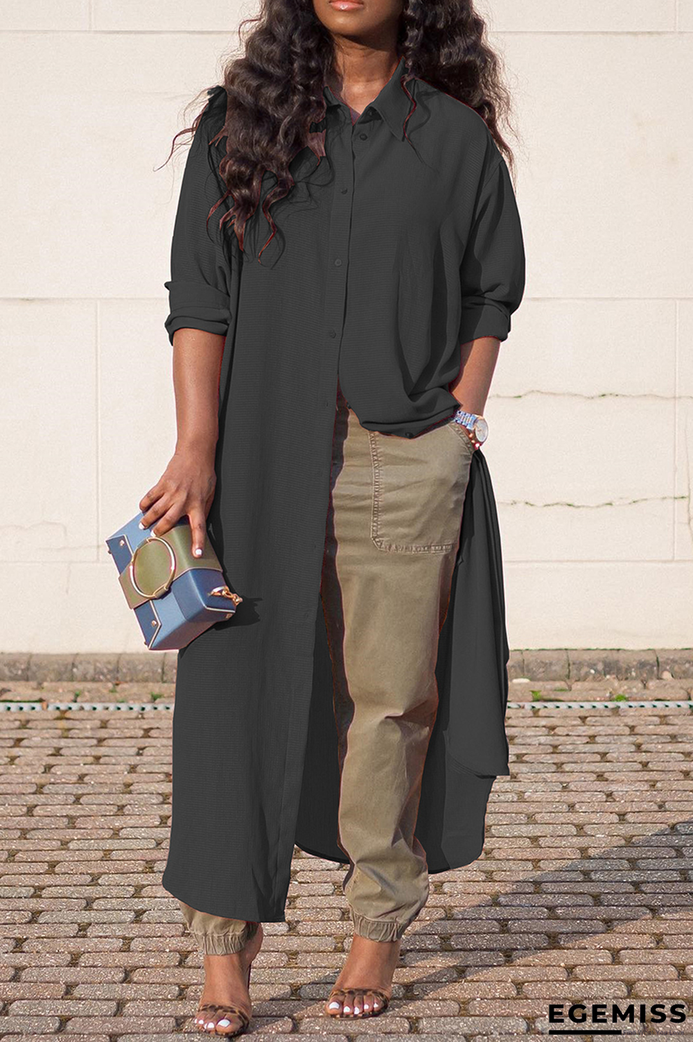 Black Casual Solid Patchwork Turndown Collar Outerwear | EGEMISS