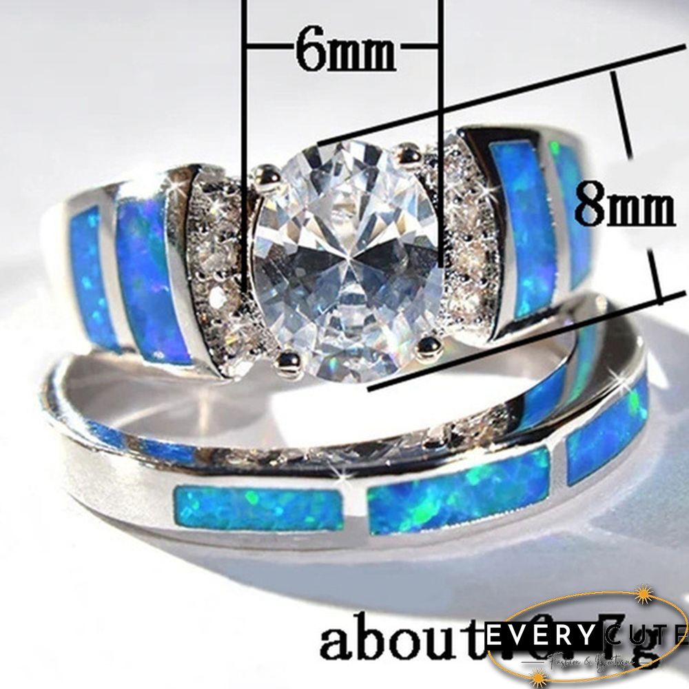 2Pcs/Set 925 Silver Rings For Women White Sapphire Blue Opal Jewelry Inlaid Fine Prong Wedding Ring Sz 5-10