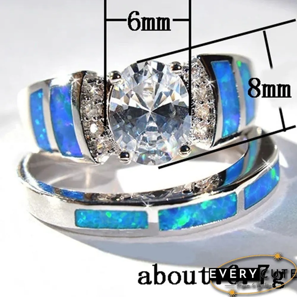 2Pcs/Set 925 Silver Rings For Women White Sapphire Blue Opal Jewelry Inlaid Fine Prong Wedding Ring Sz 5-10