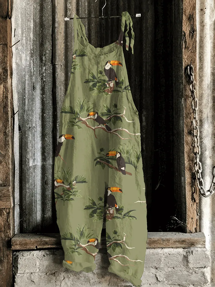 Vintage Toucan Print Casual Jumpsuit