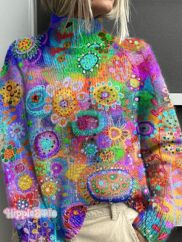 Rainbow-Colored Dream-Talking Flowers Print Knit Turtleneck Pullover Sweater Multicolor / S