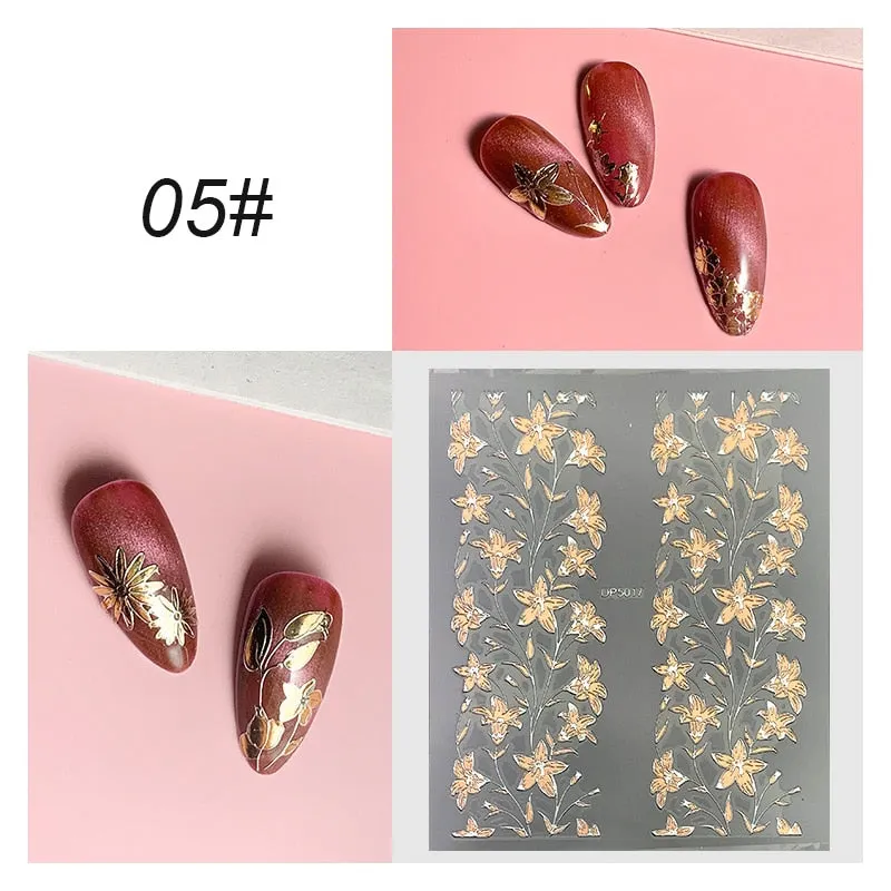 3D Flower Lace Nail Stickers iridescent Bronzing Floral Leaf Transfer Stickers For Nails Manicuring Accessories