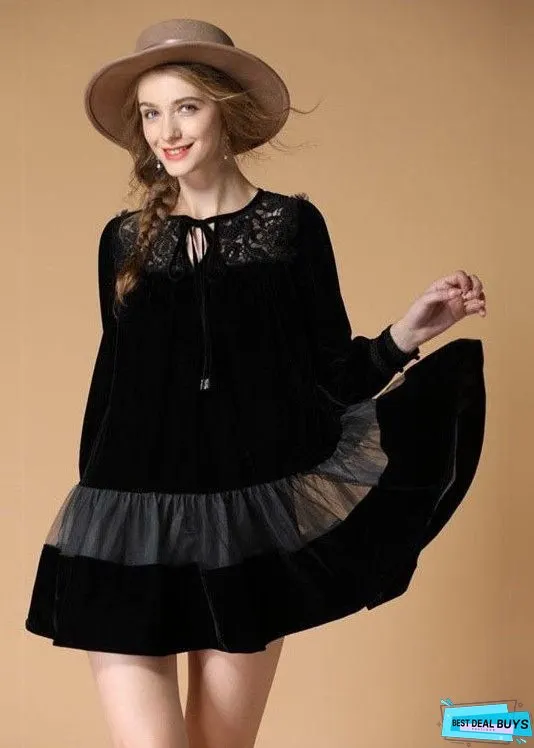 Women Black Embroideried Patchwork Velour Mini Dress Spring