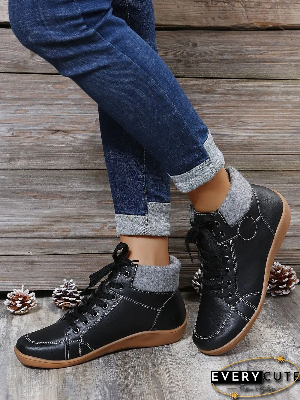 PU Leather Suede Panel Casual Short Boots