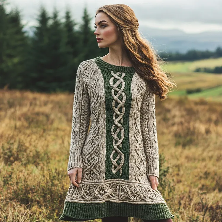 Women's Irish Celtic Knotted Contrast Sweater Dress