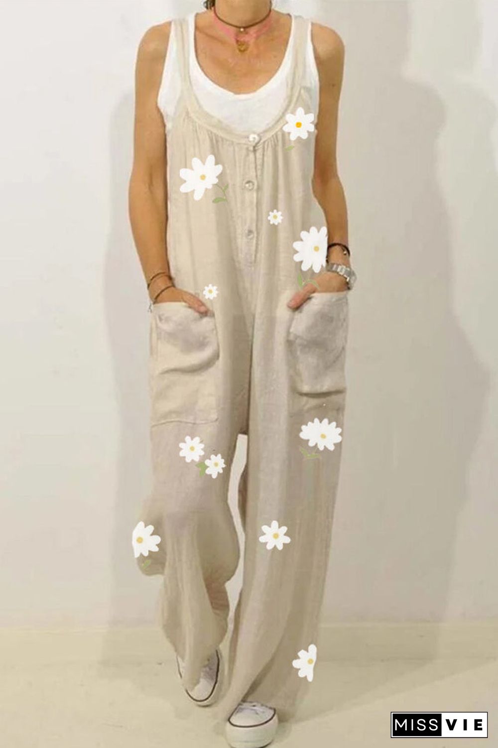 Flower Printed Plus Size Pocket Button Jumpsuit