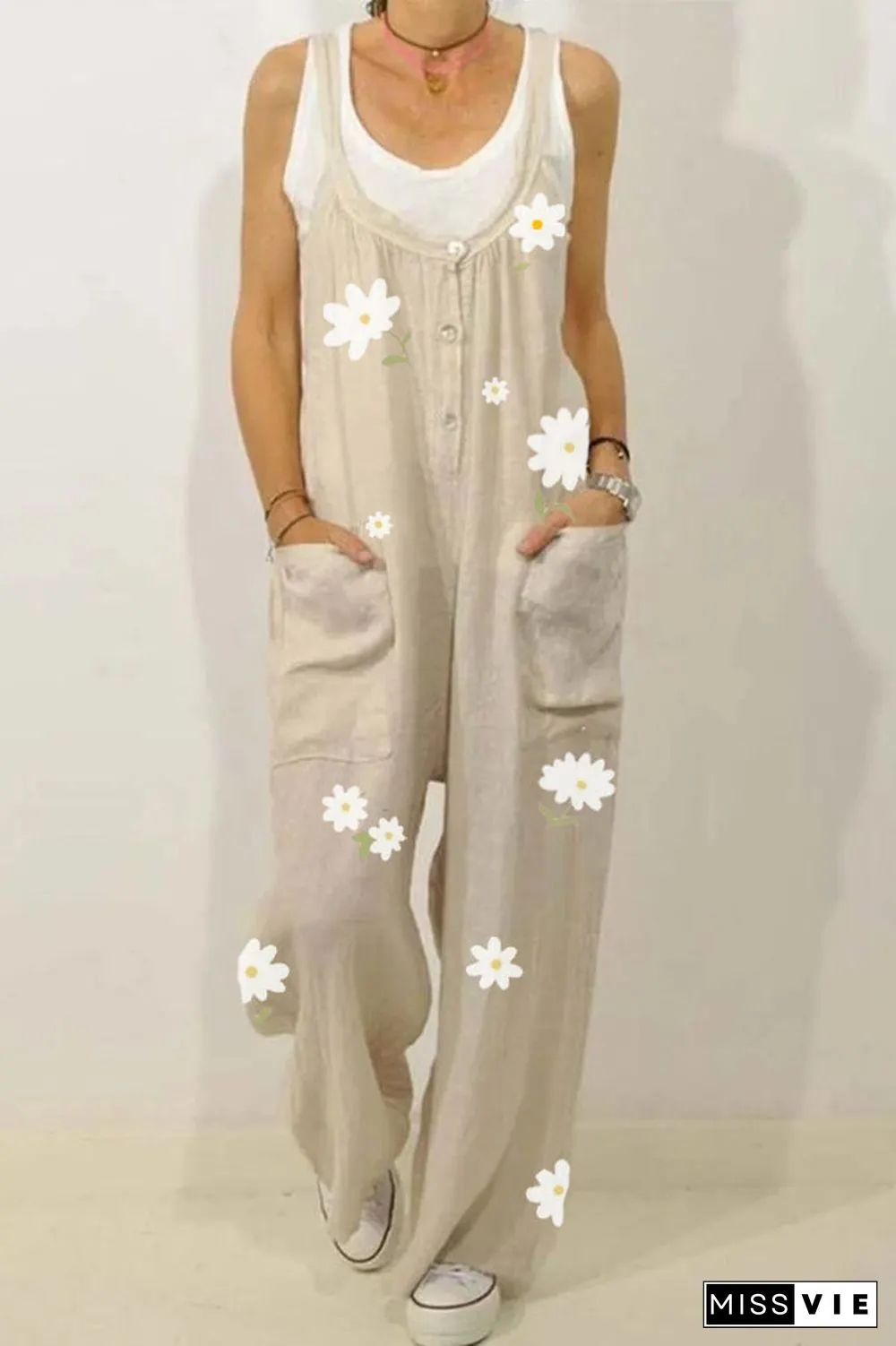 Flower Printed Plus Size Pocket Button Jumpsuit