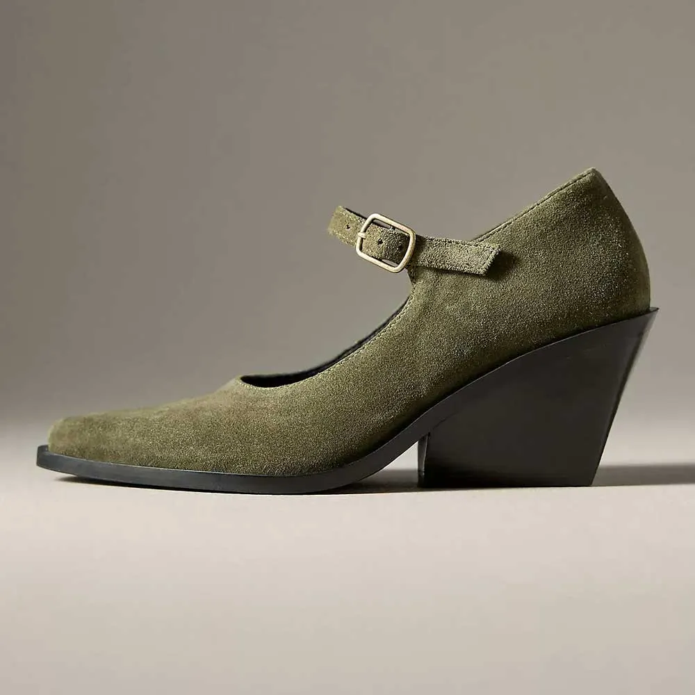Olive Closed Pointed Toe Wedge Heel Buckle Strap Mary Jane Pumps