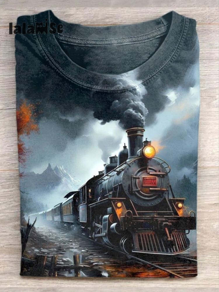 Steam Engine Train Art Print Casaul Short Sleeve T - Shirt As Picture / S
