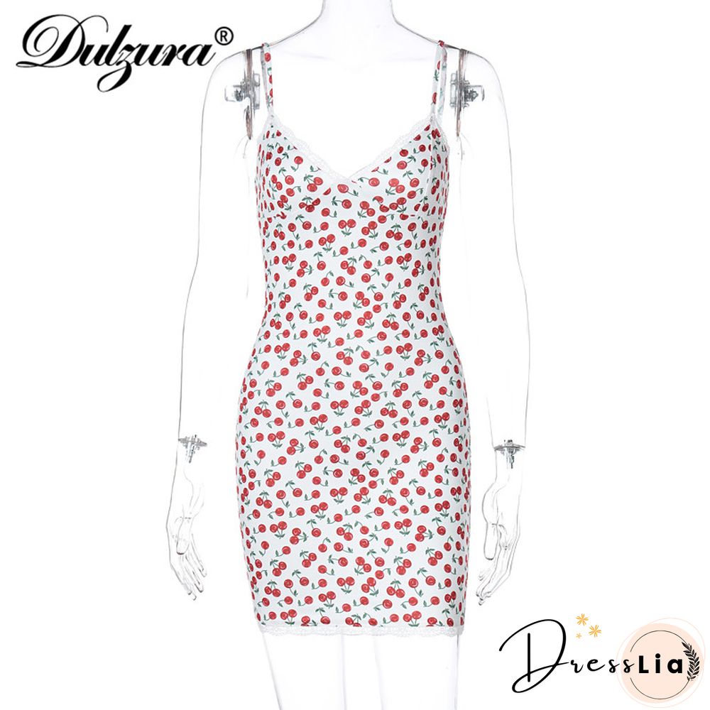 Lace Patchwork Cherry Print Women Strap Mini Dress Bodycon Sexy Streetwear Party Club Elegant Cute Summer Sweet