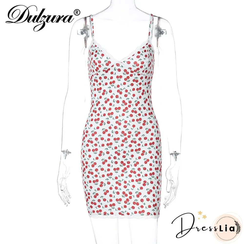 Lace Patchwork Cherry Print Women Strap Mini Dress Bodycon Sexy Streetwear Party Club Elegant Cute Summer Sweet