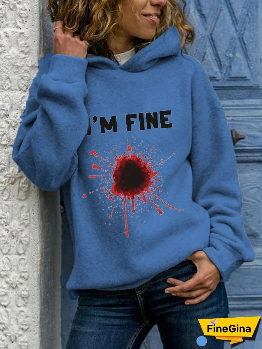 Women's Halloween Funny I'M FINE Bloodstained Print Hoodie