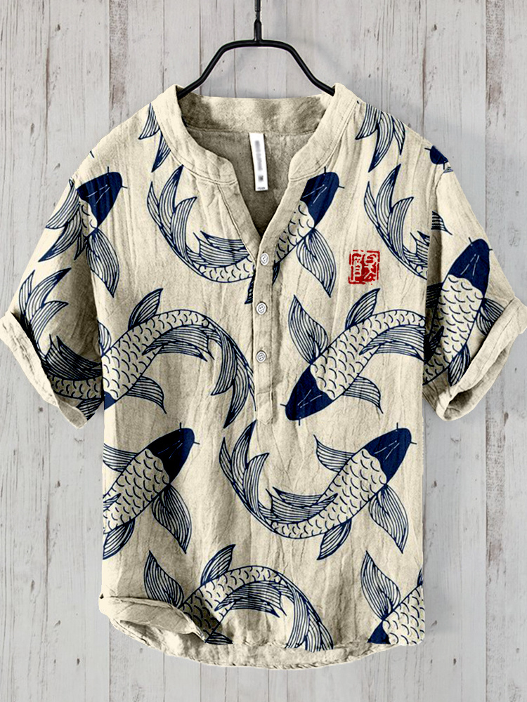 Japanese Koi Pattern Linen Blend Cozy Shirt  artssus