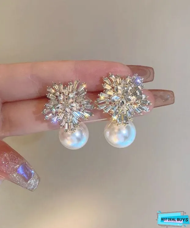 Stylish White Alloy Pearl Zircon Floral Stud Earrings