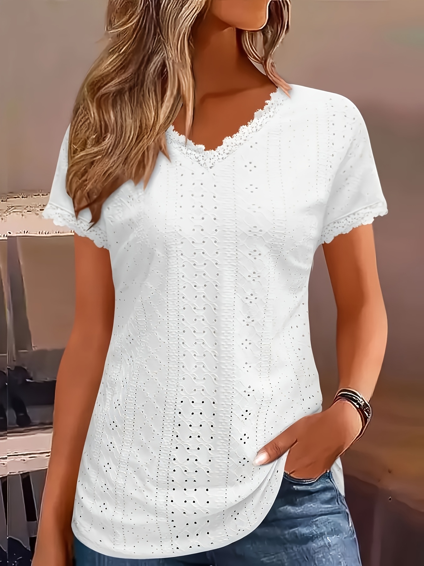 Ladies' Elegant And Exquisite Lace Decorated V-Neck T-Shirt - Casual Chic Short Sleeved Shirt, Breathable Polyester Solid Color, Suitable For Spring/Summer | IFYHOME