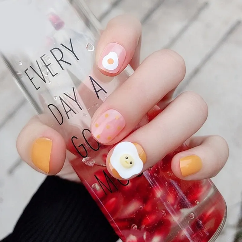 24Pcs false nails with designs cow and Blue Color cut design Fake Nail Shiny Gold Foil  artificial nails with glue for girls-Nail Inspo