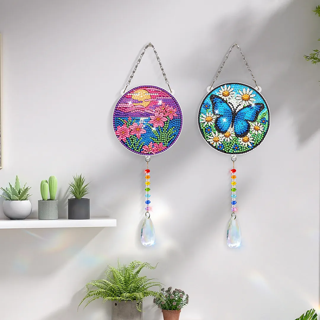2Pcs Sunset Butterfly DIY Acrylic Diamond Painting Art Wind Chimes with Crystal Pendant Diamond Art Hanging Pendant Double-Sided for Adults Beginners Gift Home Garden Decor