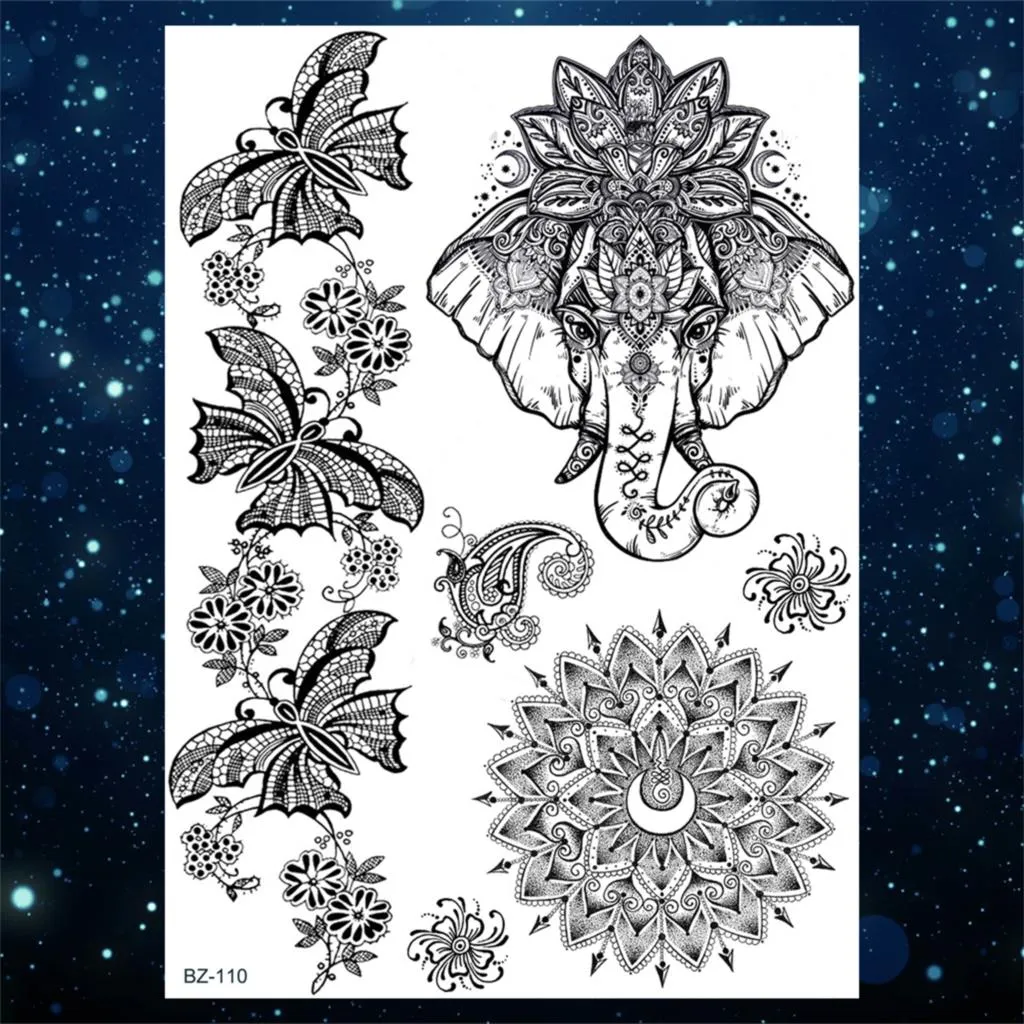 Sdrawing Henna Temporary Tattoos For Women Girls Feather Butterfly DreamCatcher Fake Gem Tattoo Sticker Chest Arm Tatoos Tribal