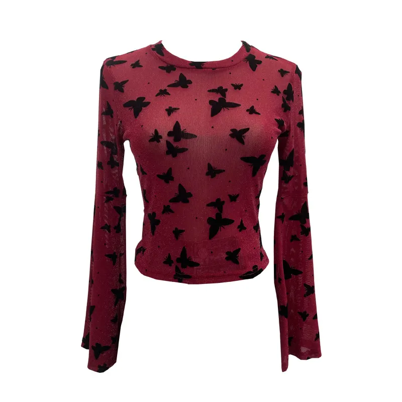 Brownm Real Shooting Spice Girl Butterfly Shiny Shiny Mesh Yarn Long-Sleeved T-Shirt Horn Sleeve Short Repair Body Jacket 8031