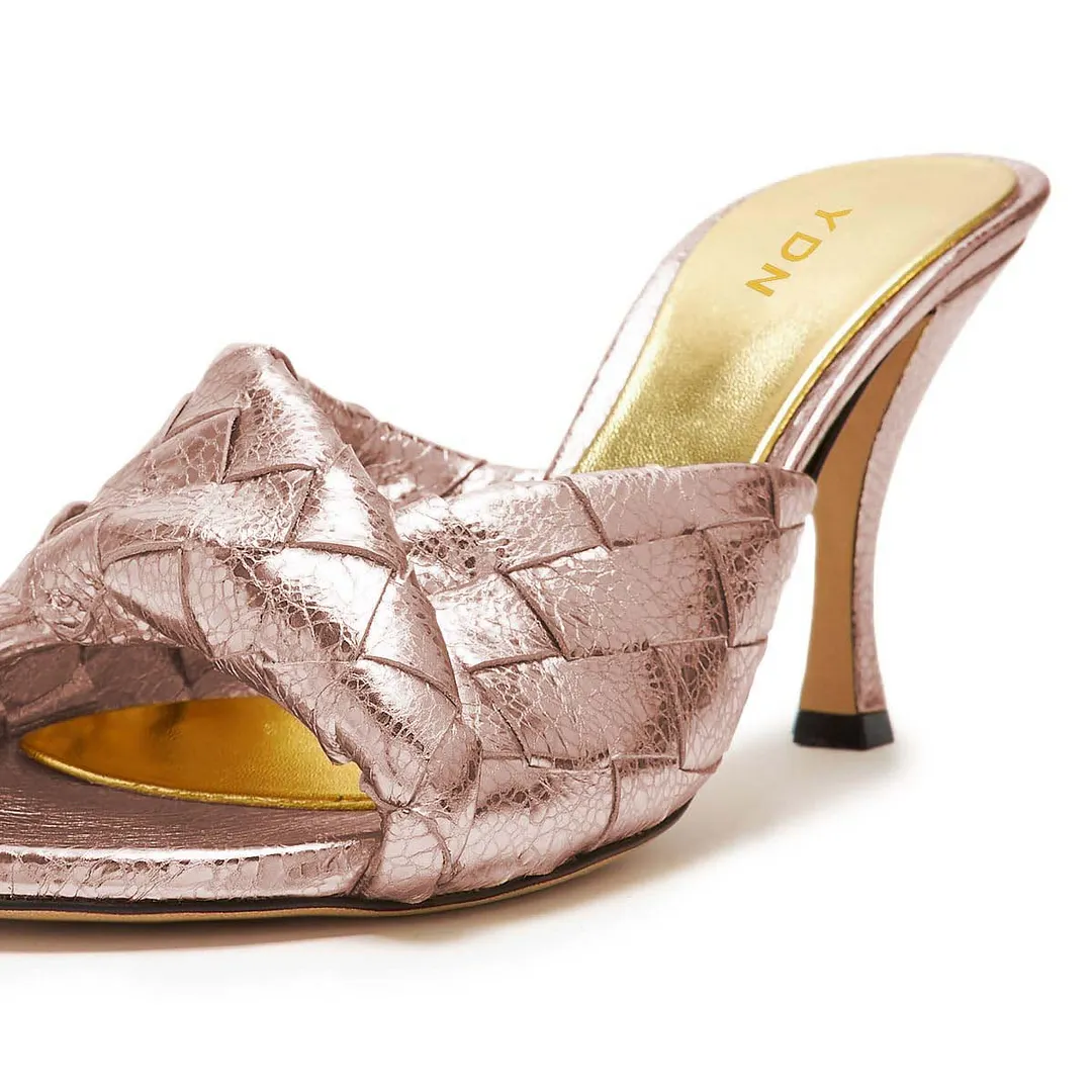 Light Pink Vegan Leather Open Toe Woven Spool Heel Mules Sandals
