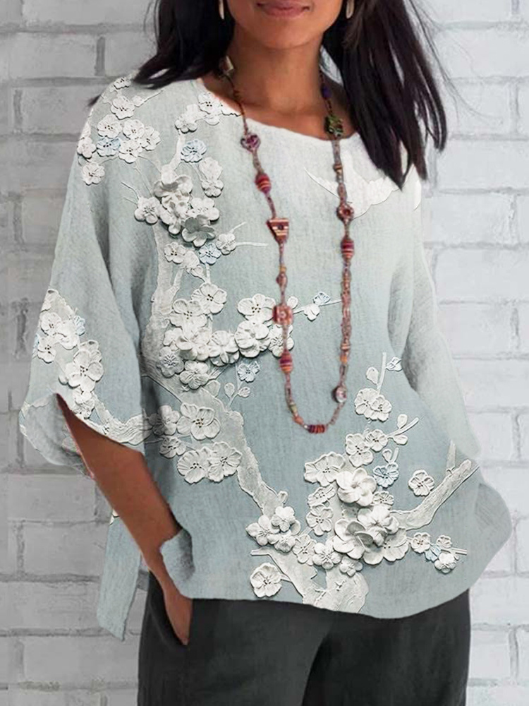 Japanese Embossed Floral Cotton and Linen T-Shirt