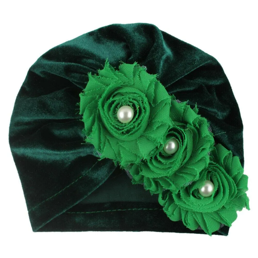 2019 Baby Accessories Newborn Infant Kids Baby Boy Girl Indian Turban Twist Knot Velvet Beanie Hat Pearl Flower Solid Soft Cap