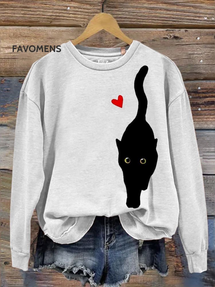 Unsex Funny Black Cat Design Print Casual Sweatshirt White / S