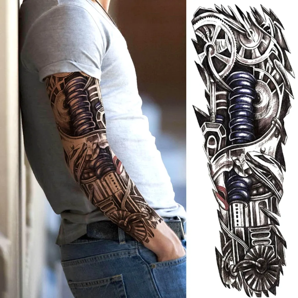 Black Military Maori Totem Temporary Sleeve Tattoos For Men Realistic Fake Full Arm3D Dragon Skull Wolf Lion Robot Tatoos Paste