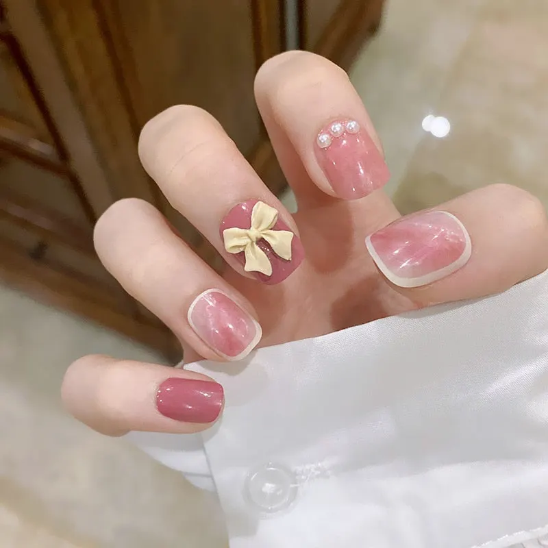 24Pcs false nails with designs cow and Blue Color cut design Fake Nail Shiny Gold Foil  artificial nails with glue for girls-Nail Inspo