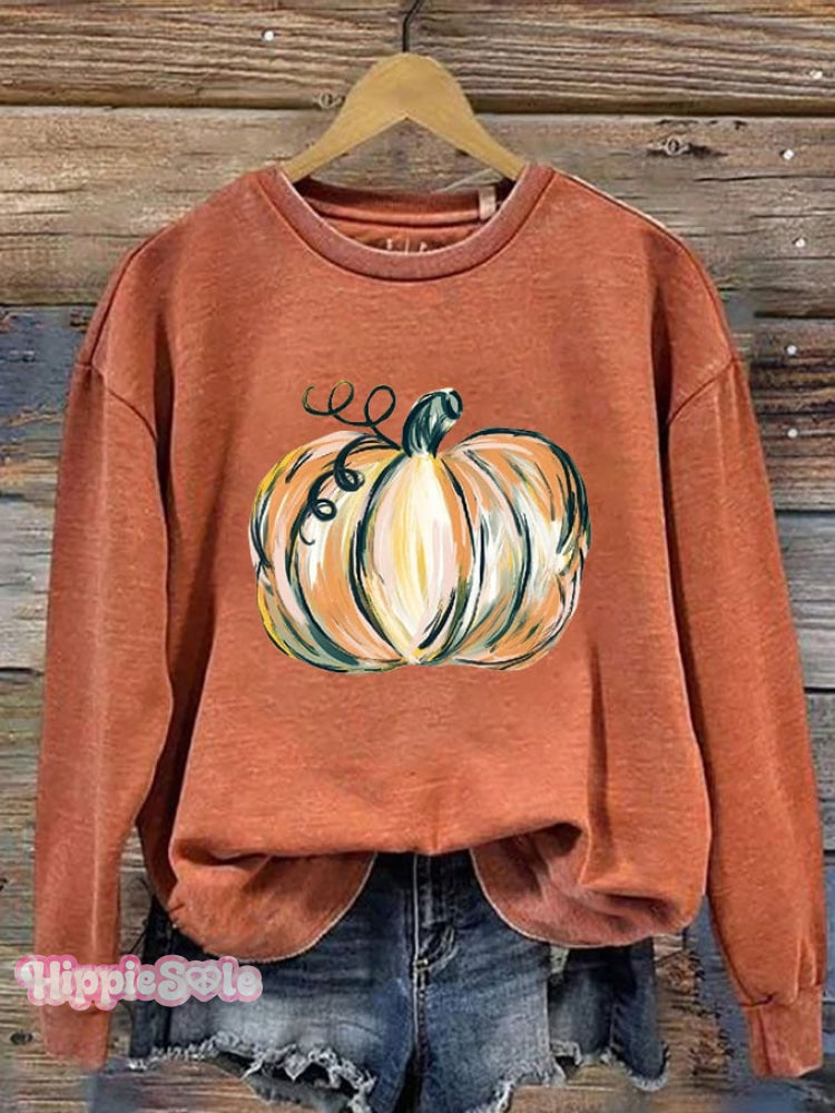 Women&rsquo;s Watercolor Pumpkin Thanksgiving&Halloween Print Crew Neck Sweatshirt Pumpkin Orange / S