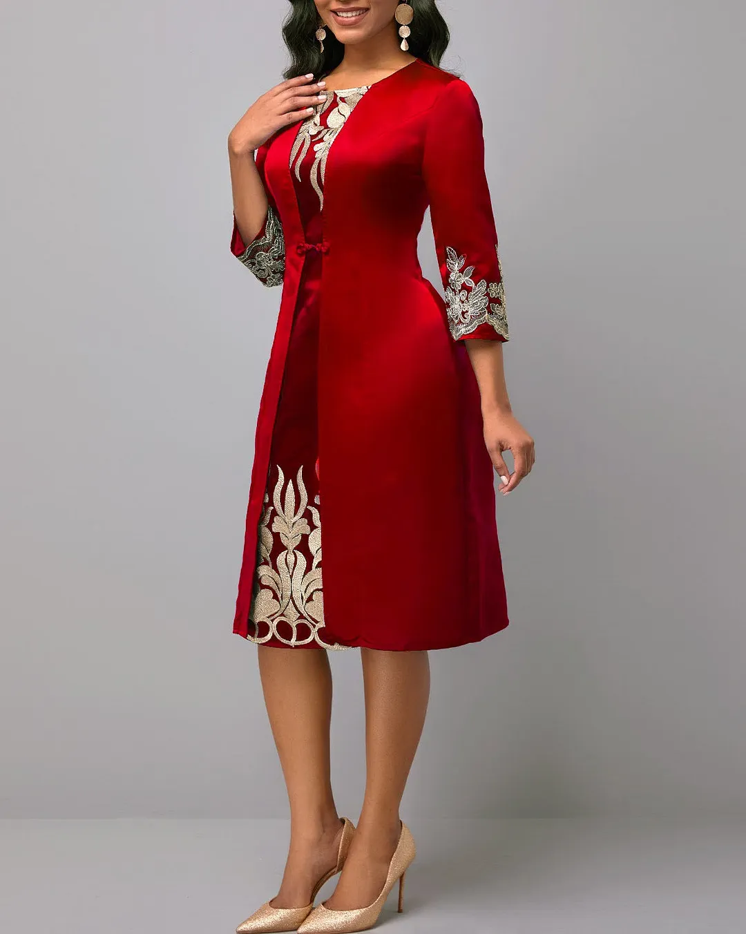 Brownm Stitching Commute Slim-fit Party Mesh 3/4 Dresses