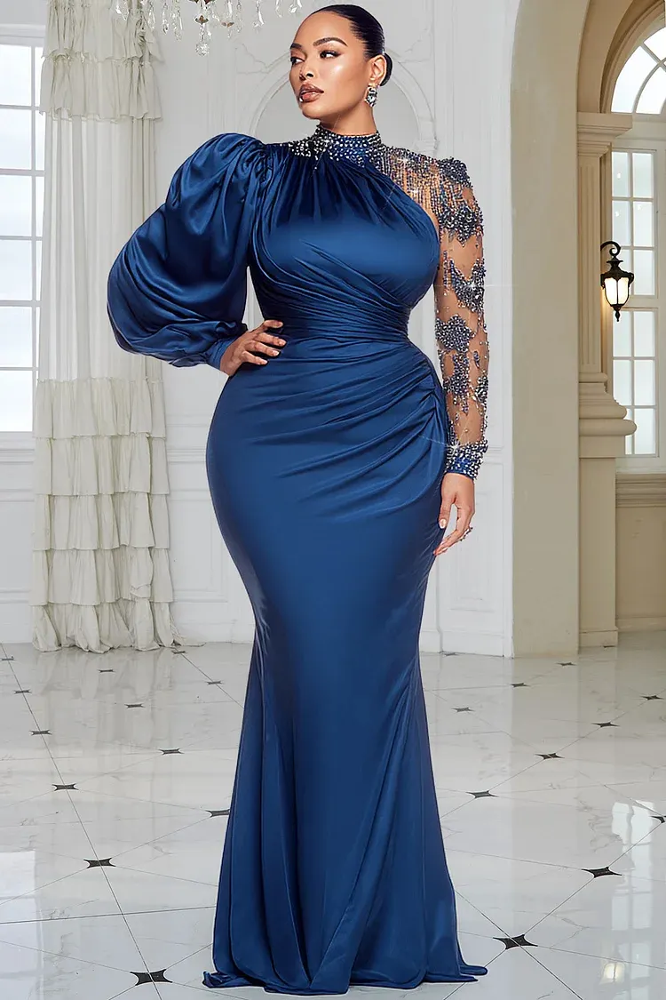 Xpluswear Design Plus Size Formal Blue Mock Neck Lantern Sleeve Long Sleeve Drilling Elegant See Through Tulle Satin Maxi Dresses Blue-2XL/18-20