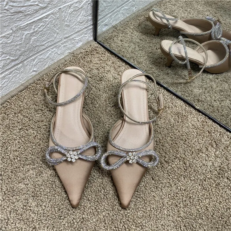 2021 New Buckle Stiletto Heel High Heels Pointed Toe Rhinestone Bow Bandage Sandals