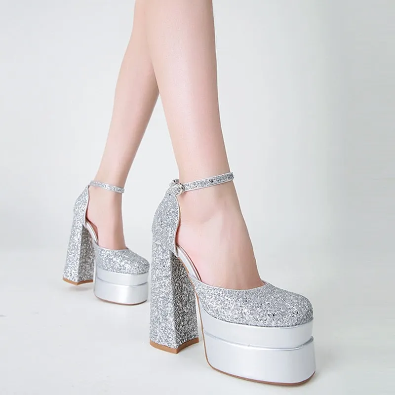  Hoof Heels Golden Bling Women Pumps Brand New Wedding Shoes Summer Platform Square Toe Sandals Big Size Shoes