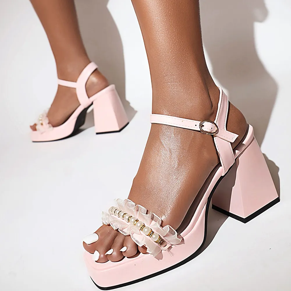 Light Pink Open Toe Chunky Heel Ankle Strap Platform Sandals