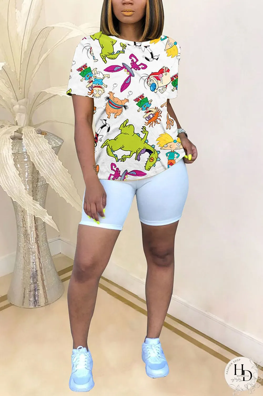 Blue White Blue Orange Yellow colour Polyester O Neck Short Sleeve Patchwork Print Character Tops