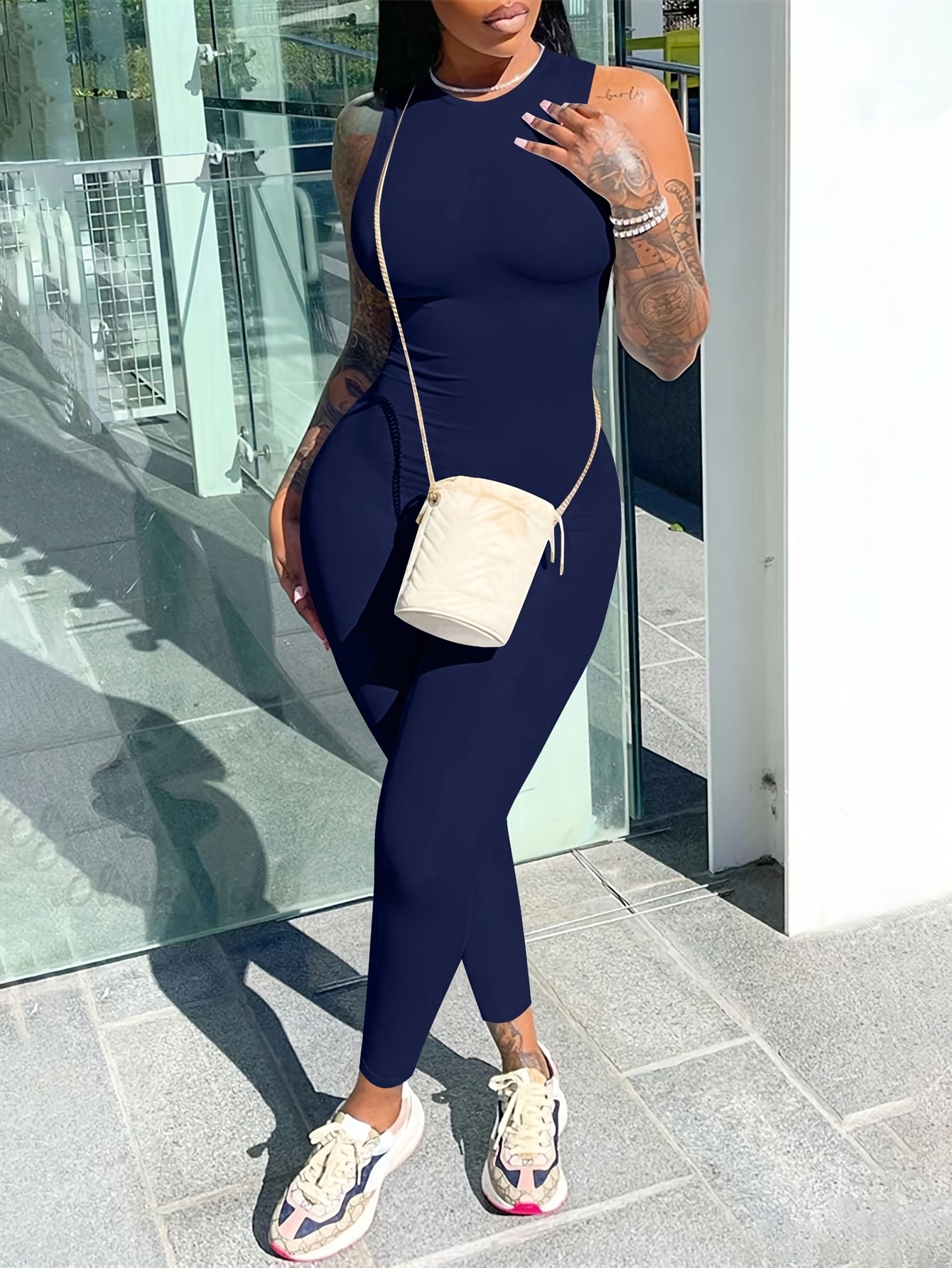 Women's Sexy Slim-Fit Sleeveless Bodycon Jumpsuit - Stretchy Round Neck Solid Color Machine-Washable Spring/Summer Casual Outfit, Summer Fashion, Snug Fit Fabric | IFYHOME