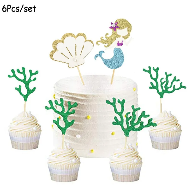 1Set Mermaid Party Happy Birthday Cake Topper Cupcake Toppers Girl Baby Shower Little Mermaid Theme Birthday Party Decorations