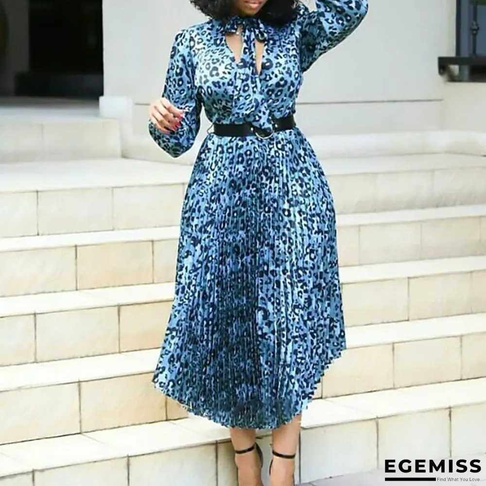 Long Sleeve Printed V-neck Pleated Dress | EGEMISS