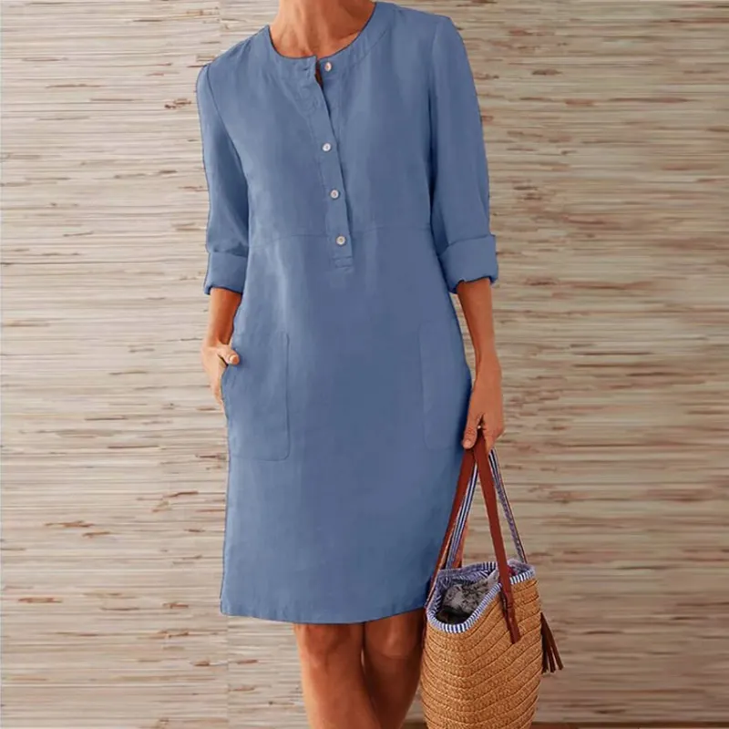 Billionm Color Button O Neck Cotton Linen Summer Dress Women Vintage Short Sleeve Pocket Knee Dress Casual Loose Plus Size Dresses