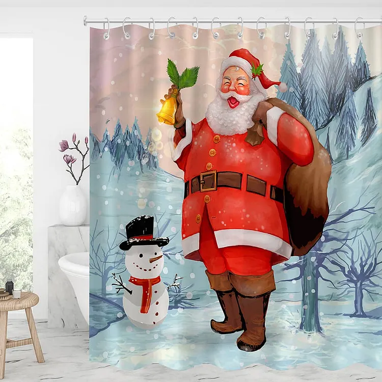 Christmas Happy Santa with Snowman Shower Curtains With 12 Hooks