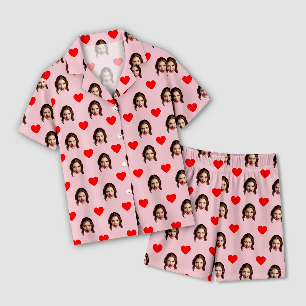 Custom Face Short Sleeve Pyjamas Custom Red Heart Photo Pyjamas