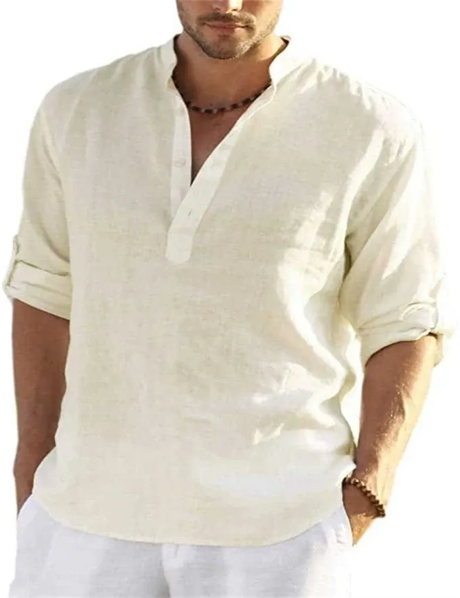Men's Cotton Linen Casual Long Sleeve Shirt