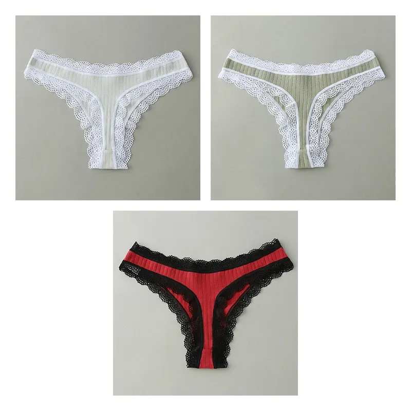 3PCS/Set G-string Panties Cotton Women's Underwear Sexy Panties Female Underpants Thongs Solid Color Sexy Lace Lingerie BANNIROU