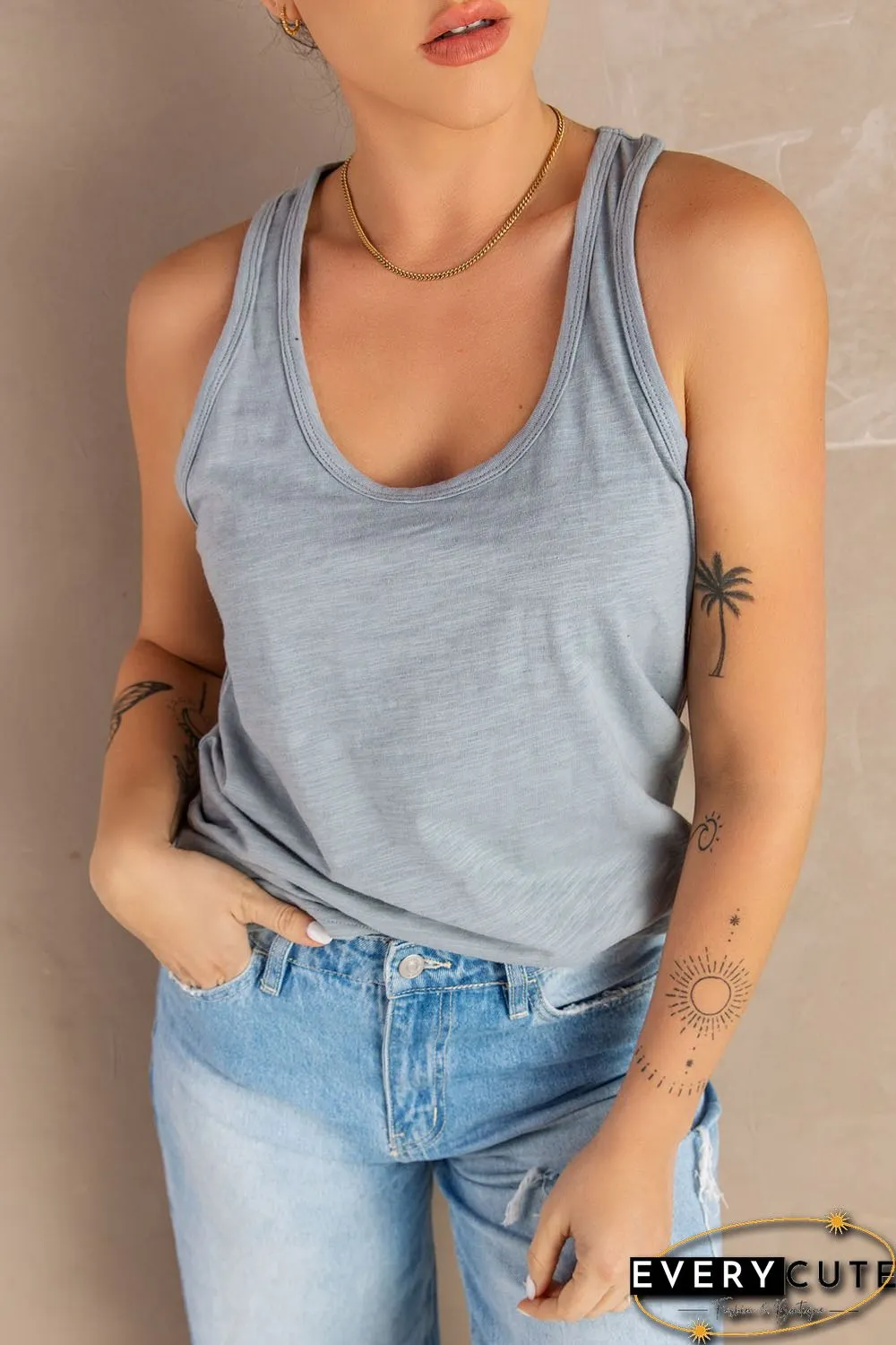Blank Apparel - Gray Scoop Neck Basic Solid Tank Top