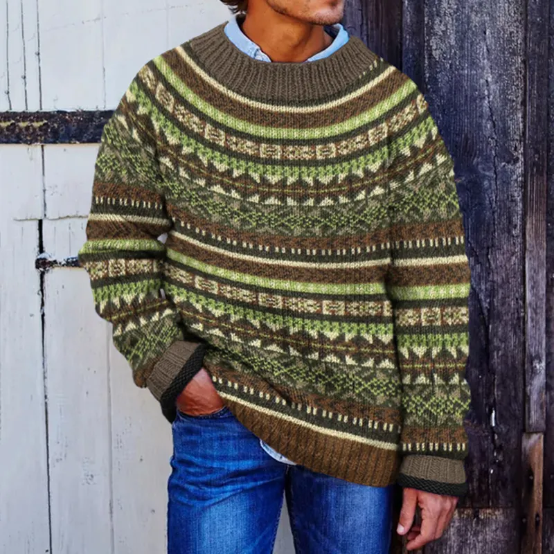 Vintage Icelandic Tribal Geometric Knit Crew Neck Sweater