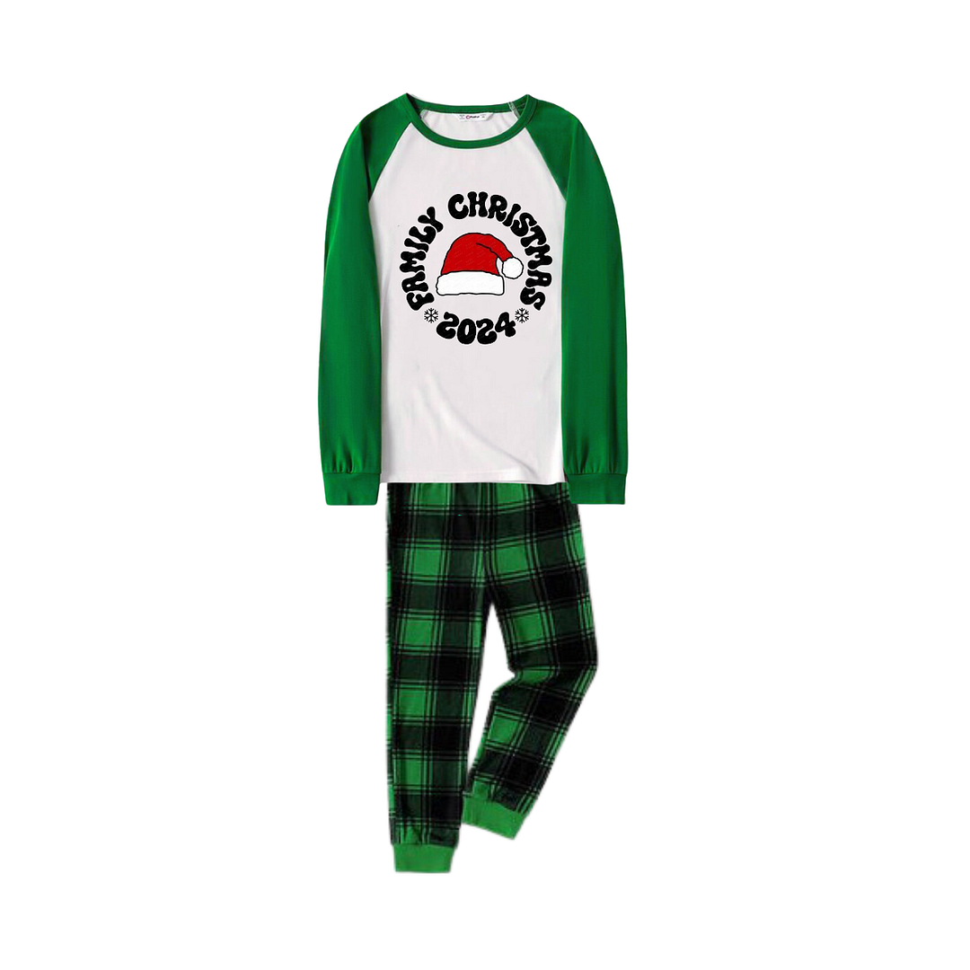Family Christmas 2024 Text and Santa Hat Print Long Sleeve Top With Green & Black Plaid Christmas Matching Pajamas
