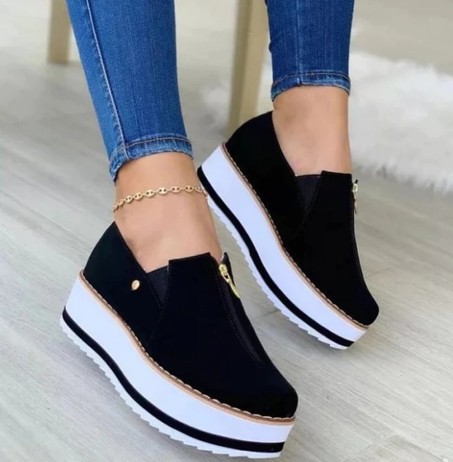 Qengg New Women Sneakers Slip on Zipper Thick Bottom Solid Color Vulcanized Shoes Casual Wedge Walking Flats Zapatillas De Mujer