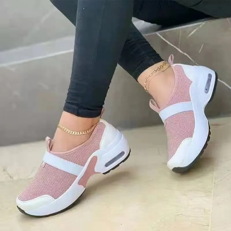 Women's Casual Shoes Solid Color Knitted Mesh Air Cushion Sneakers Comfortable and Lightweight Outdoor Non-slip Running Shoes