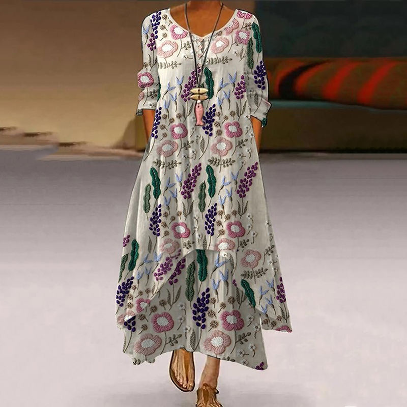 Embroidered Art Flower Print Casual Maxi Dress artswardrobe